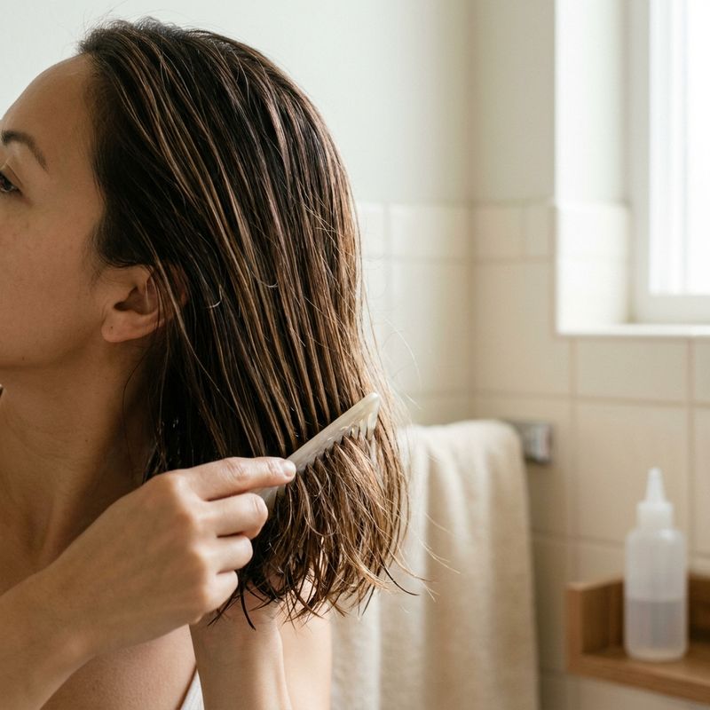 Uma pessoa de perfil passa um pente de dentes largos no cabelo castanho molhado, num banheiro com luz de janela e um frasco sem marca na prateleira