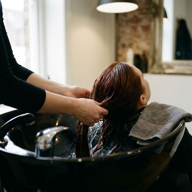 Mãos enxaguam no lavatório do salão o cabelo acobreado de uma pessoa reclinada, com a água correndo pelo comprimento