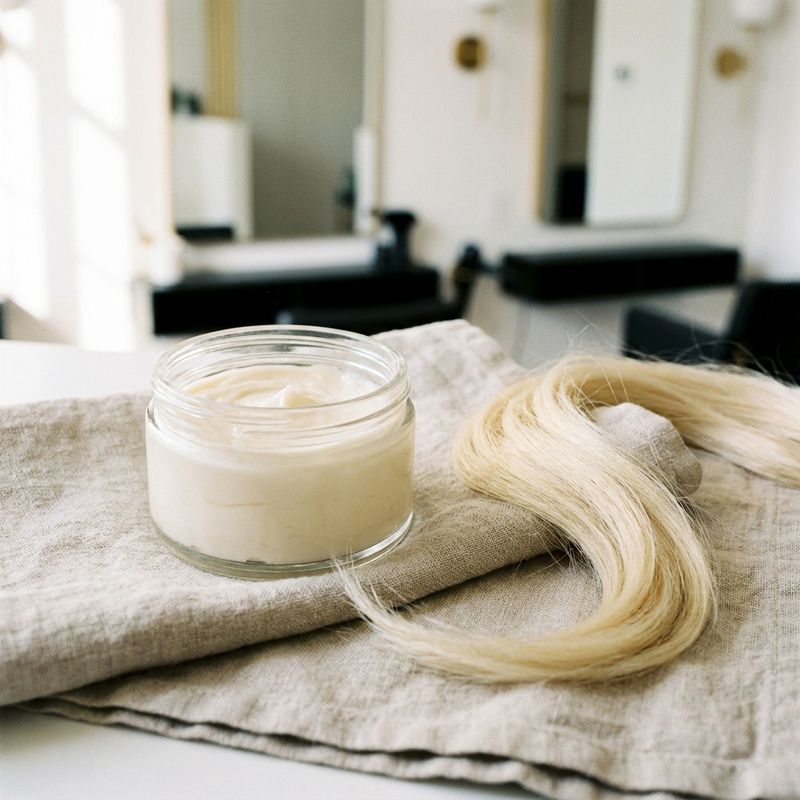 An unbranded open jar of hair mask on folded linen beside a glossy lock of bleached blonde hair, in soft window daylight