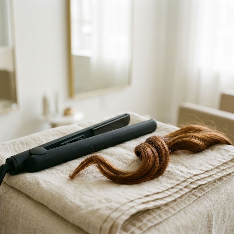 Uma chapinha sem marca sobre uma toalha de linho dobrada, ao lado de uma mecha brilhante de cabelo tingido castanho acobreado, com luz natural suave