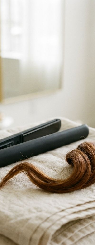 An unbranded flat iron resting on a folded linen towel beside a glossy lock of copper-brown colored hair, in soft daylight