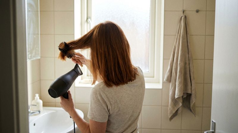Uma mulher secando em casa o próprio cabelo tingido com escova redonda, com o secador bem afastado da cabeça