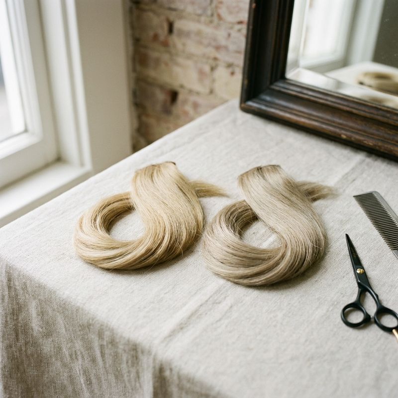 Duas mechas loiras sobre linho natural, uma com reflexo amarelo e outra fria e neutra, em luz natural suave