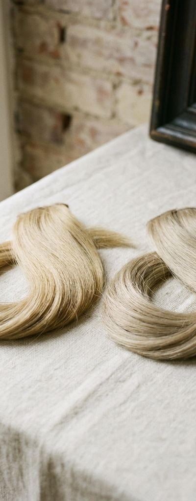 Two blonde hair swatches side by side on natural linen, one with a yellow cast and one cool and neutral, in soft daylight