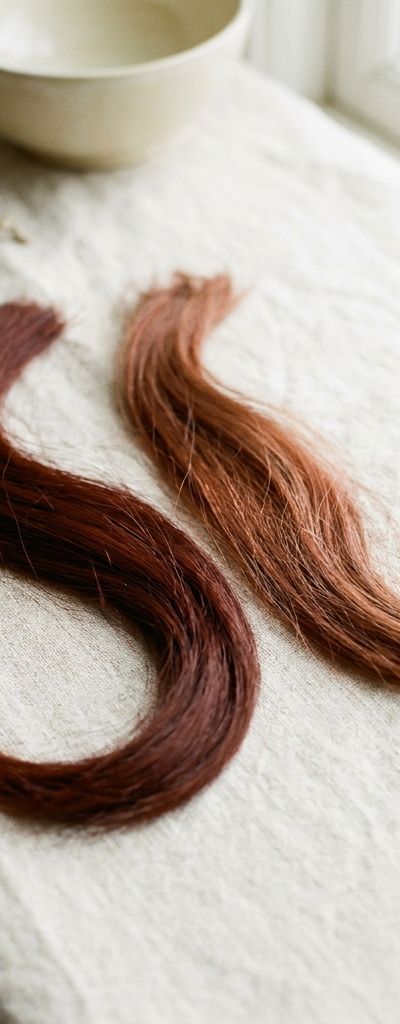 Two locks of the same red-brown hair side by side on natural linen, one freshly colored and one faded and dulled, in soft daylight