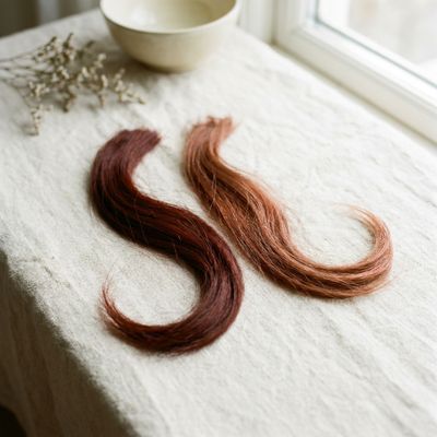 Two locks of the same red-brown hair side by side on natural linen, one freshly colored and one faded and dulled, in soft daylight