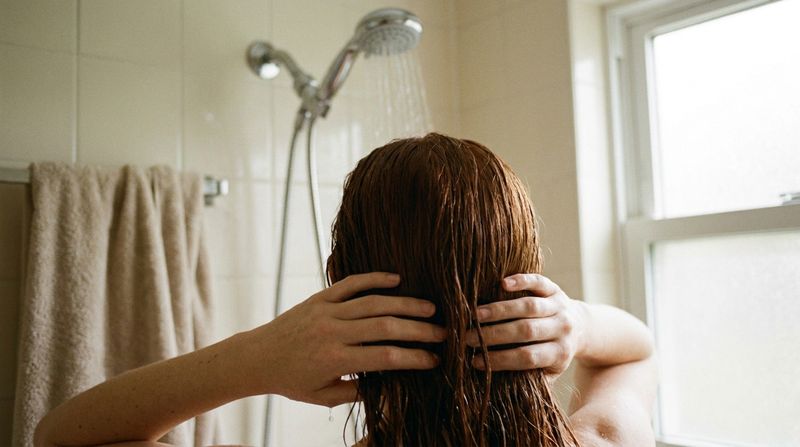 Uma mulher no banheiro de casa, de costas, ensaboando o cabelo castanho avermelhado recém-colorido