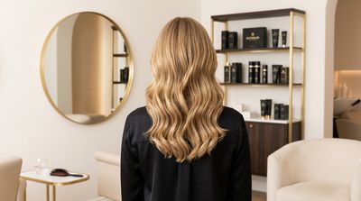 Cabelo com tom boy blonde mostrando loiro quente natural com raiz visível e reflexos dourados em salão profissional