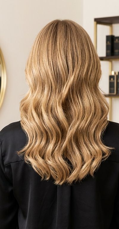 Boy blonde hair showing warm natural blonde with visible roots and golden dimension in a professional salon setting