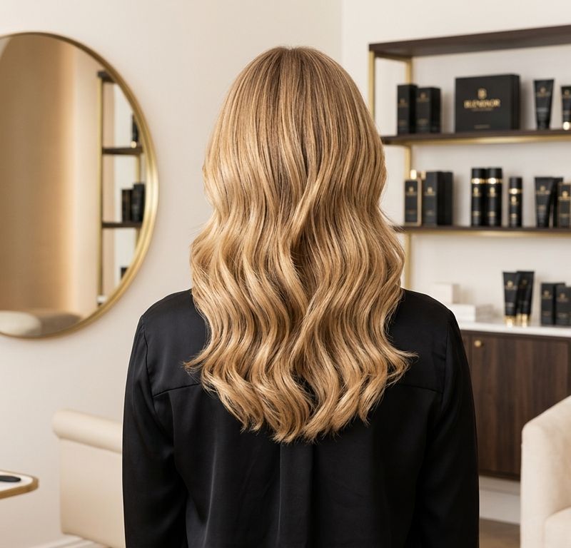 Cabello con tono boy blonde mostrando rubio cálido natural con raíz visible y reflejos dorados en salón profesional