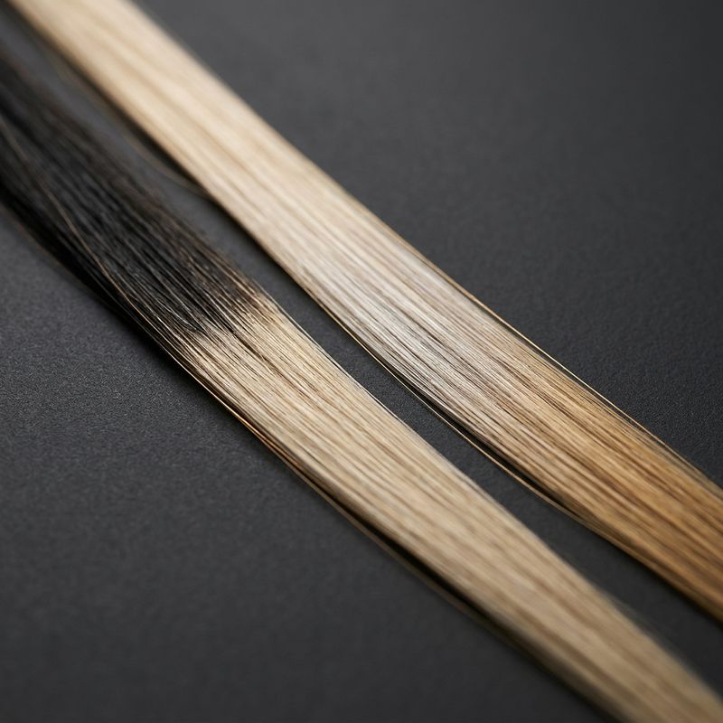 Two hair strands on a charcoal surface: one showing a dark root with a visible demarcation line, the other showing tone faded toward gold