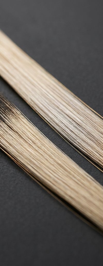 Two hair strands on a charcoal surface: one showing a dark root with a visible demarcation line, the other showing tone faded toward gold