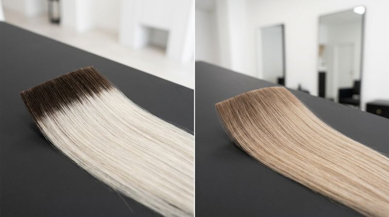 Two swatches with identical root regrowth: on platinum the root reads as a hard high-contrast band; on champagne it melts into a seamless gradient