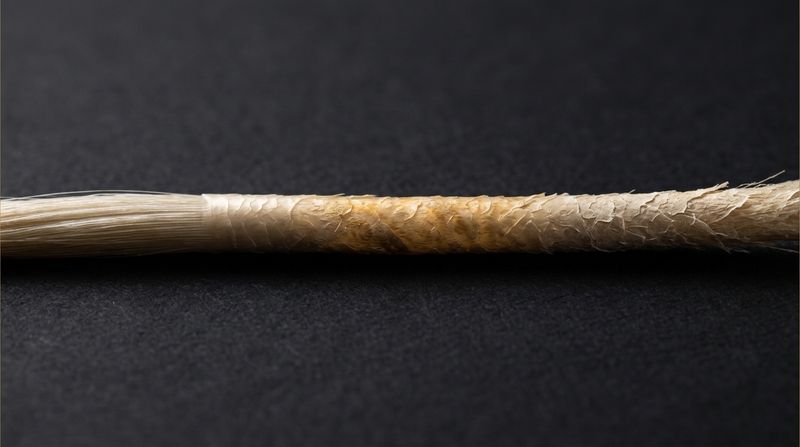 Macro of a single strand with three zones: smooth cuticle at the root, a mid-length zone where pigment drained unevenly, and porous ends
