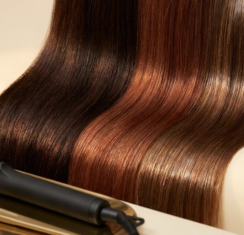 Comparación visual de tipos de tinte: permanente, semipermanente y gloss sobre pelo sano y brillante