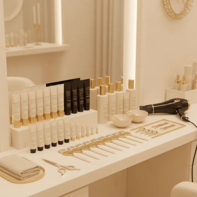 Produtos de diferentes marcas de tinta profissional organizados em estação de trabalho de salão