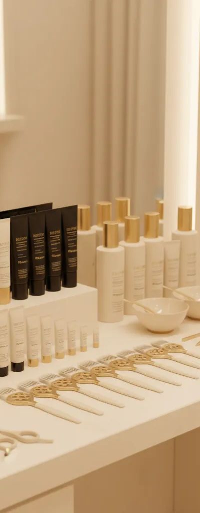 Productos de diferentes marcas de tinte profesional organizados en estacion de trabajo de salon