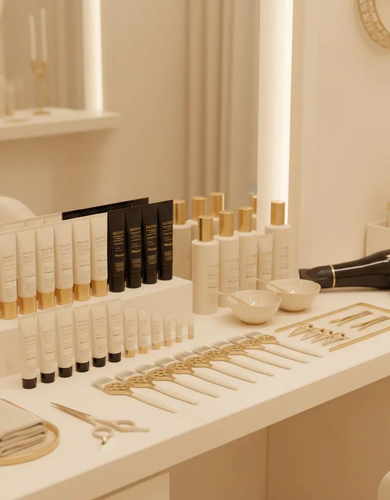 Professional hair color products from different brands organized at a salon workstation