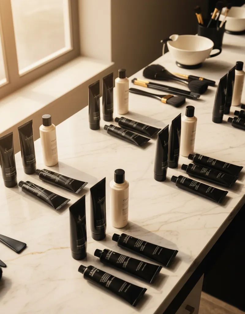 Bird's eye view of a professional salon color station with seven hair color brand groups organized on a marble countertop