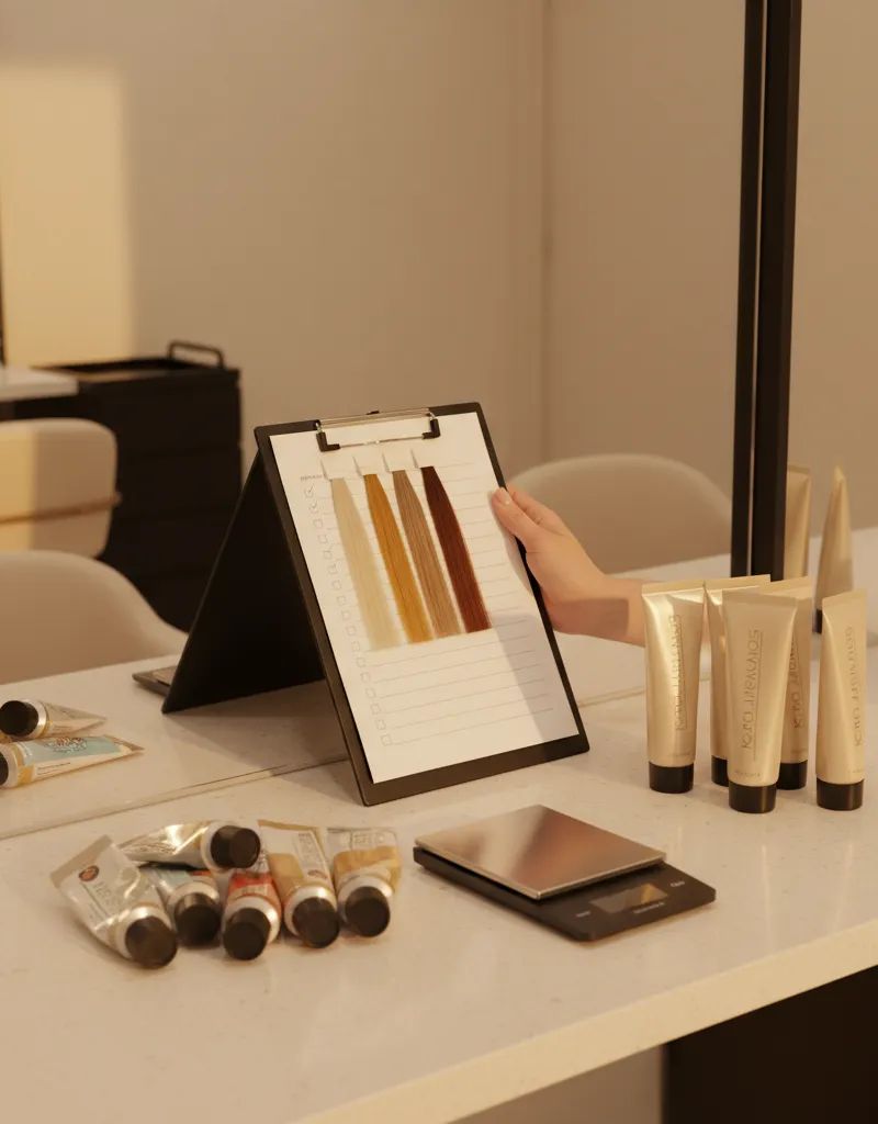Professional colorist hands holding a clipboard with checklist next to organized old and new brand tubes at a transition workspace