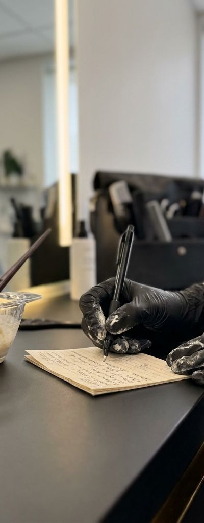 Professional colorist checking the client record next to the formula bowl before applying gray coverage color