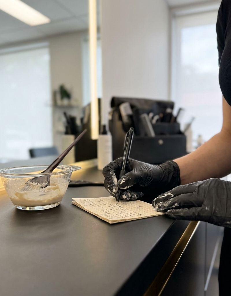 Professional colorist checking the client record next to the formula bowl before applying gray coverage color