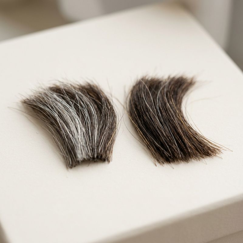 Comparação de duas mechas de cabelo lado a lado sobre superfície clara: a da esquerda com maior proporção de fios brancos misturados ao castanho, a da direita com menos fios brancos, representando raiz nova versus comprimento já tratado