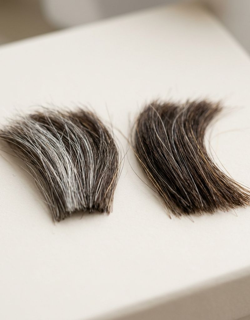 Two hair swatches compared side by side on a light surface: the left one with a higher proportion of gray mixed into brown, the right one with less gray, representing new root growth versus already-treated lengths