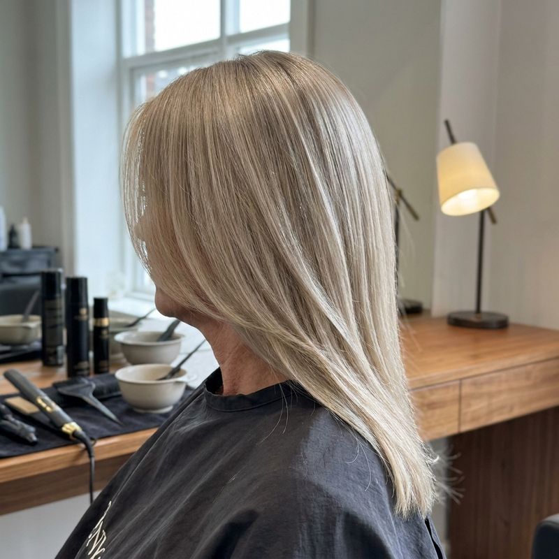 Blonde hair with a freshly applied gloss showing obvious shine and dimension, seen from behind near the salon window