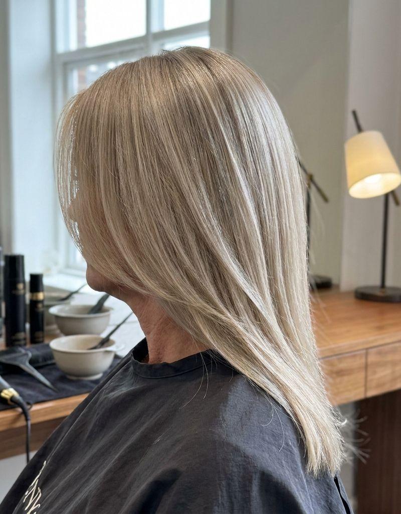 Melena rubia con gloss recién aplicado mostrando brillo y luminosidad evidentes, vista de espaldas junto a la ventana de la cabina