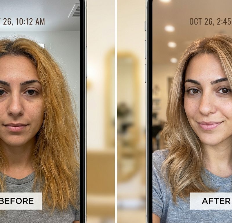 Before and after applying Shades EQ gloss: from dull brassy blonde to luminous honey-beige blonde