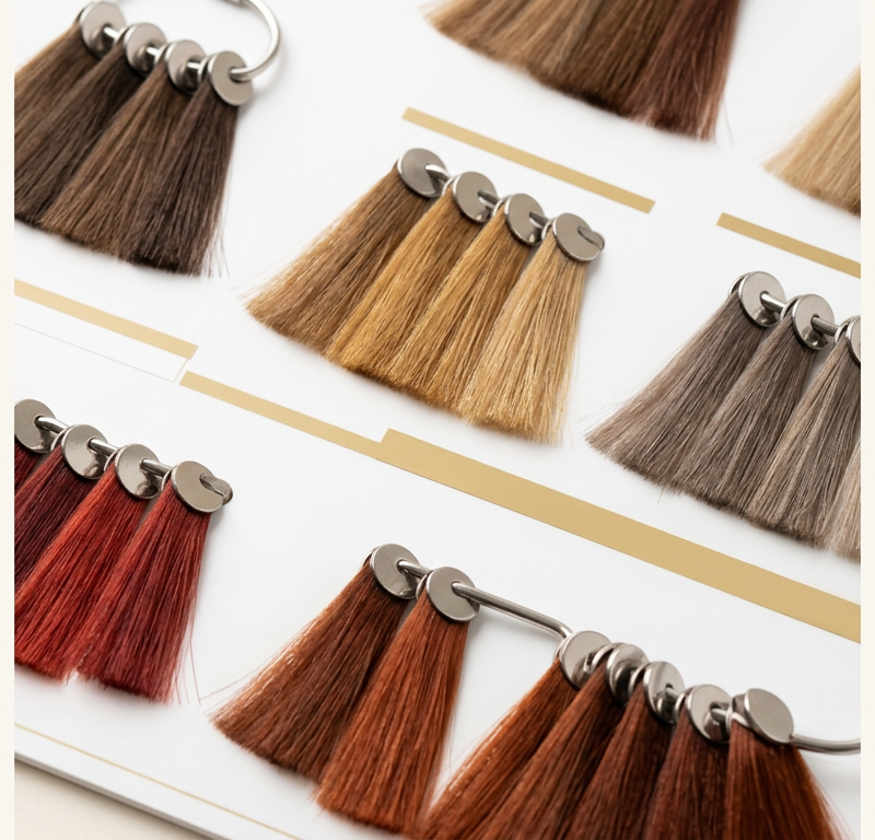 Hair color swatches organized by tone family for professional colorist reference