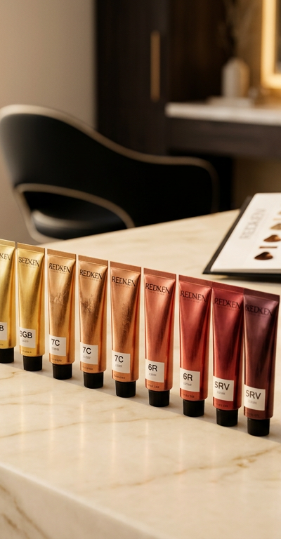 Redken Shades EQ color chart organized by tone families on a professional salon counter