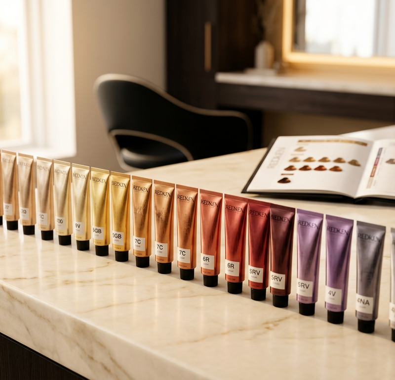 Redken Shades EQ color chart organized by tone families on a professional salon counter