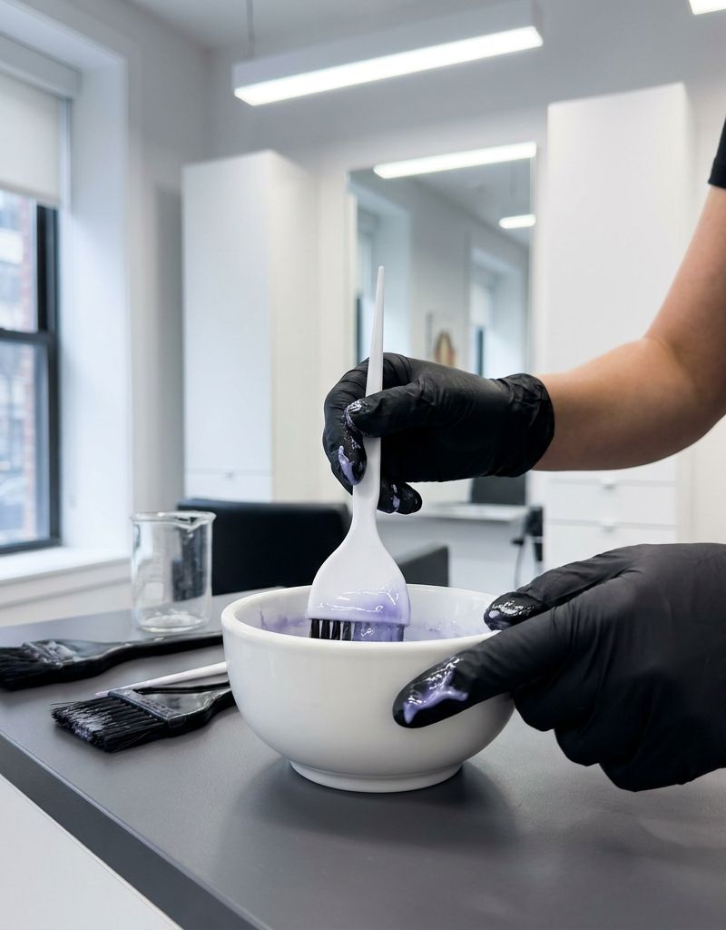 Manos con guantes mezclando gloss ácido Shades EQ en un bol de cerámica blanca, con pinceles de aplicación sobre la mesa de la cabina