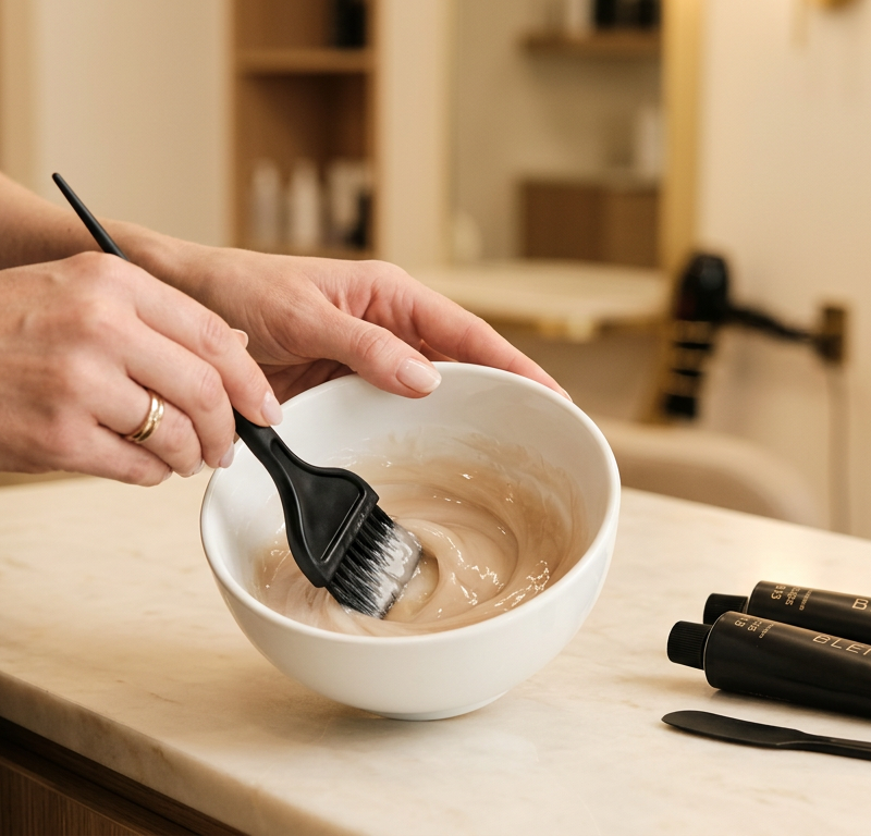 Professional colorist hands mixing Shades EQ gloss in a white ceramic bowl in a salon