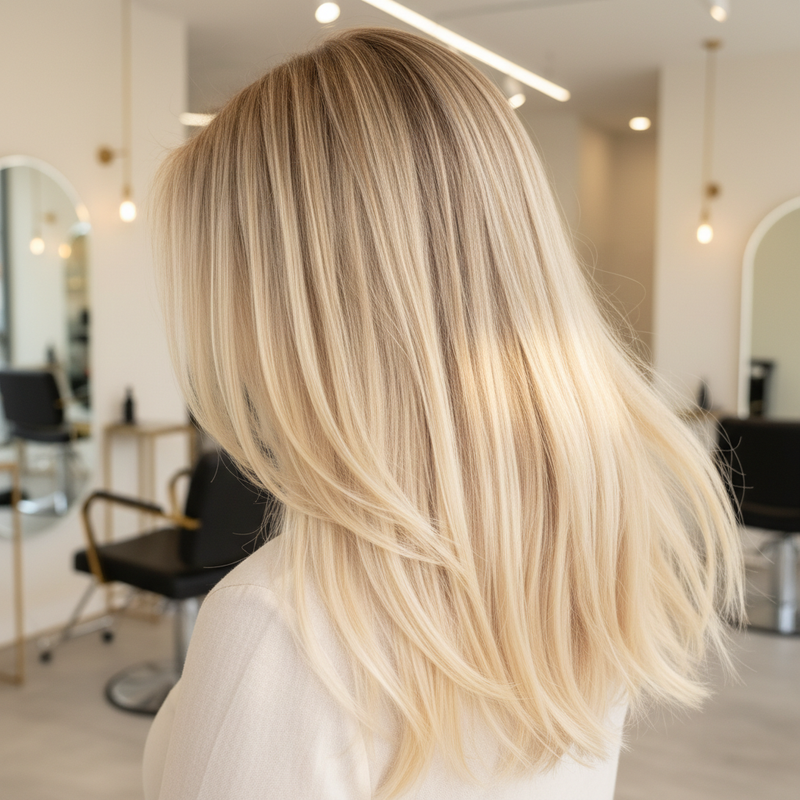 Cabello cashmere blonde con rubio cremoso cálido mostrando transición suave desde raíz natural