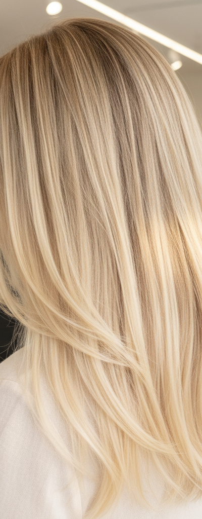 Cabello cashmere blonde con rubio cremoso cálido mostrando transición suave desde raíz natural