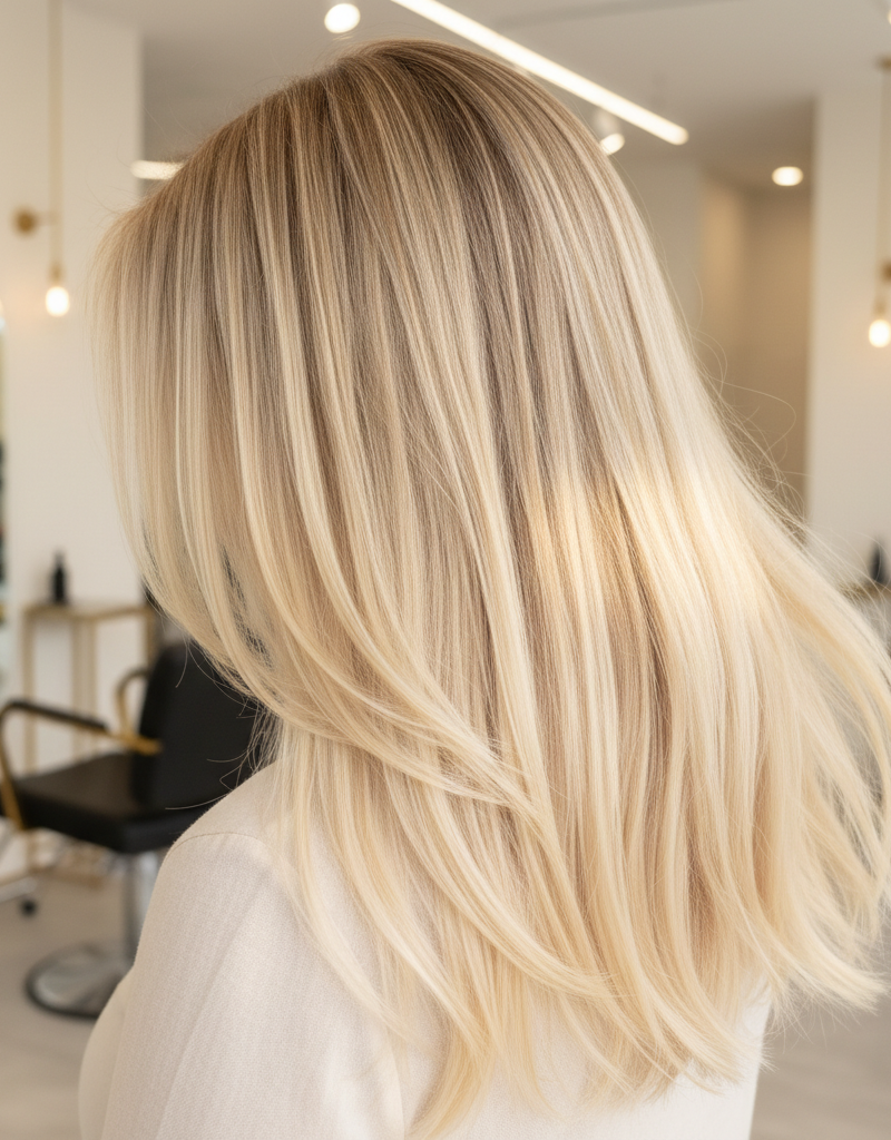 Cabello cashmere blonde con rubio cremoso cálido mostrando transición suave desde raíz natural