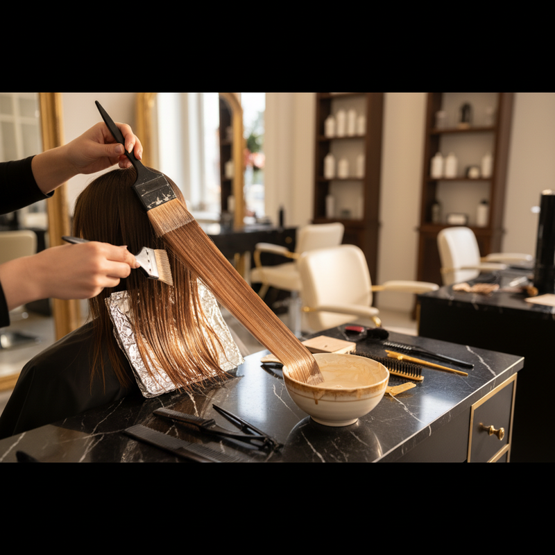 Manos de colorista profesional aplicando highlights en canela con técnica de balayage sobre cabello castaño medio