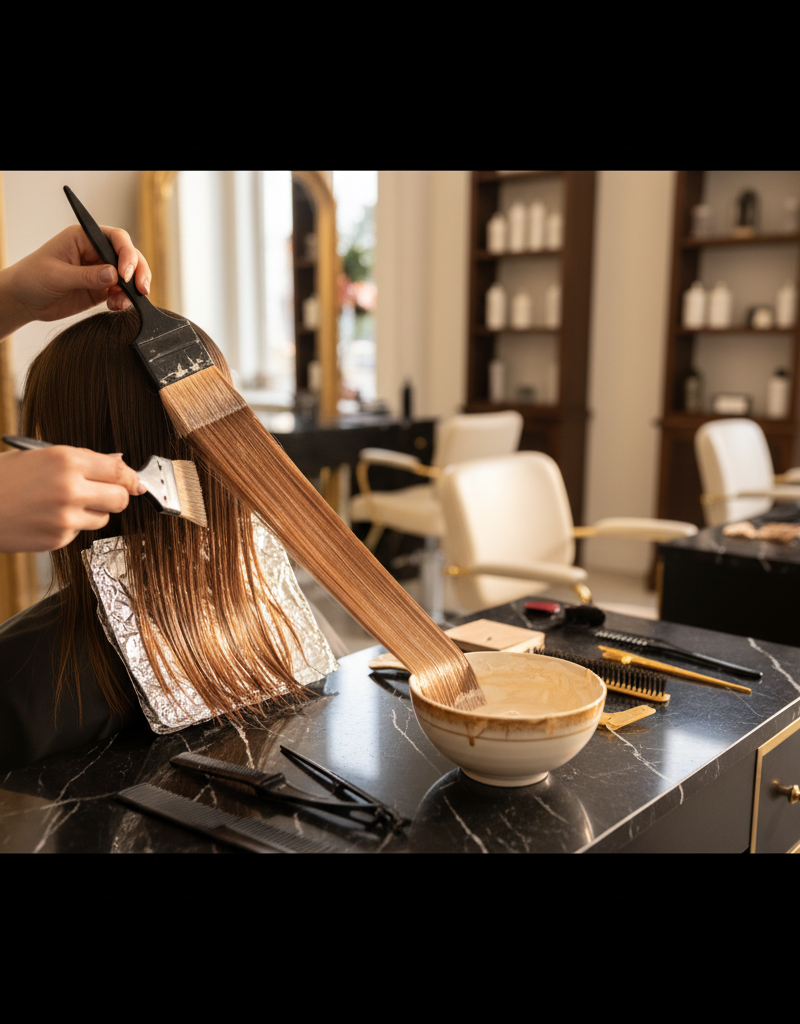 Professional colorist hands applying cinnamon highlights with balayage technique on medium brown hair