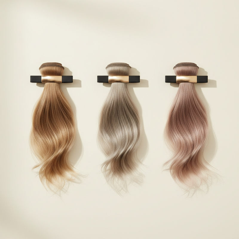 Comparativa visual de tres tonos similares: chai latte hair (beige-dorado con canela), dirty blonde (ceniza-beige frío) y milk tea hair (beige rosado frío)