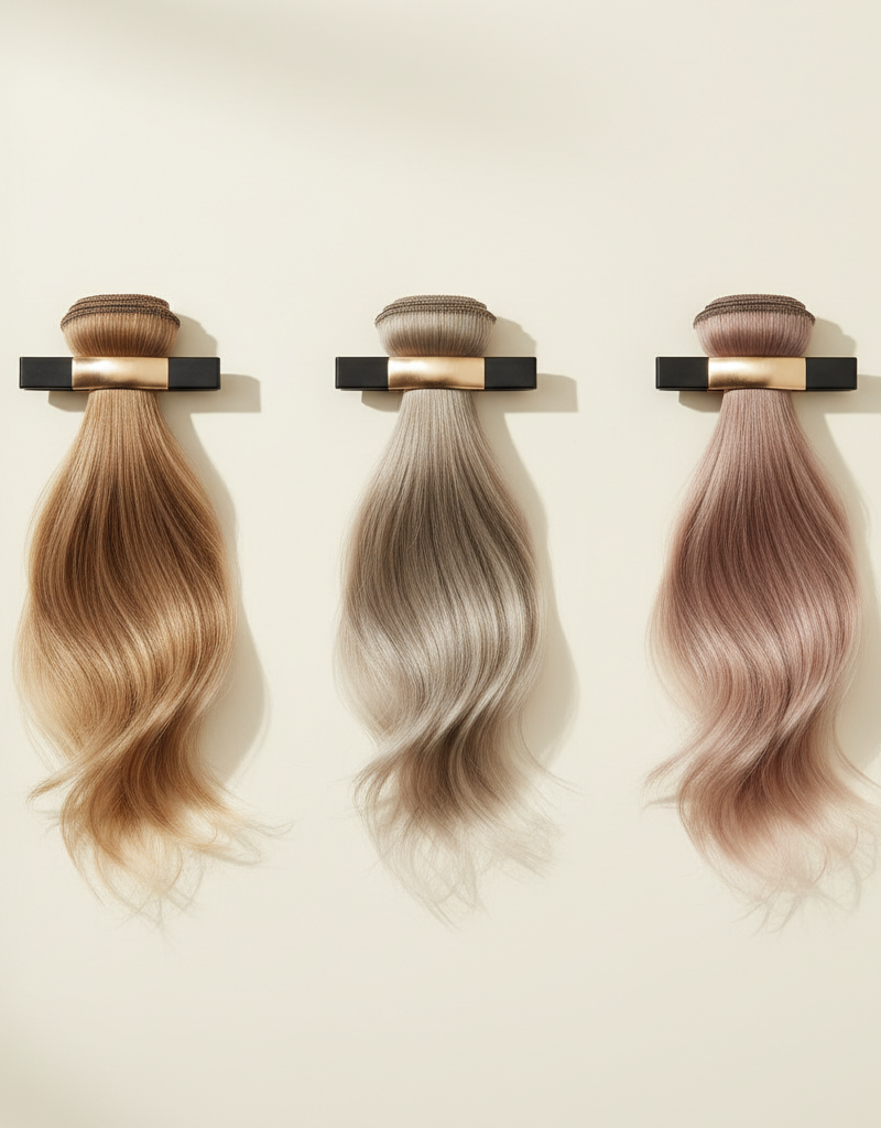 Visual comparison of three similar tones: chai latte hair (warm beige-golden with cinnamon), dirty blonde (cool ashy beige), and milk tea hair (cool beige-rose)