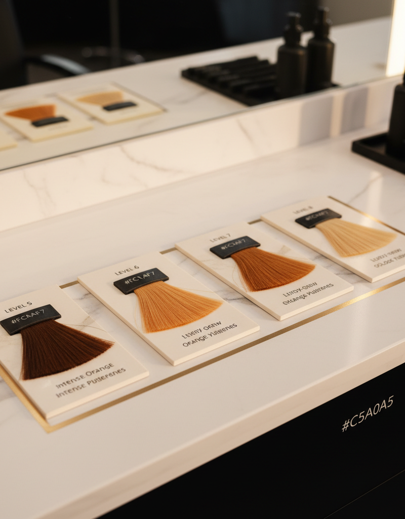 Four hair swatches showing underlying pigment by level: intense orange (level 5), orange-yellow (level 6), yellow-orange (level 7), and yellow (level 8)
