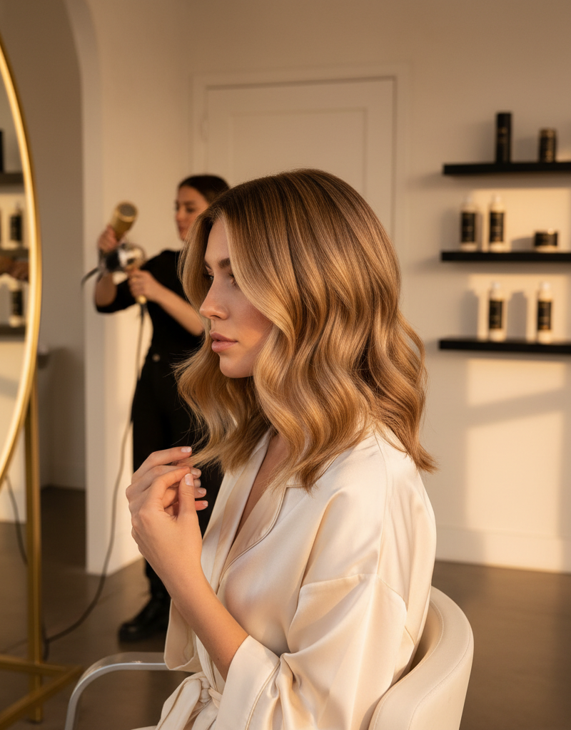 Hair with chai latte hair tone showing beige golden and cinnamon highlights under natural salon light