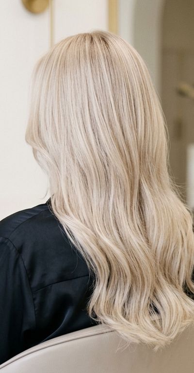 Dimensional champagne blonde hair, pale neutralized blonde with fine silver highlights, photographed from behind in a premium salon with natural light