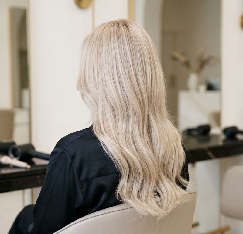 Dimensional champagne blonde hair, pale neutralized blonde with fine silver highlights, photographed from behind in a premium salon with natural light
