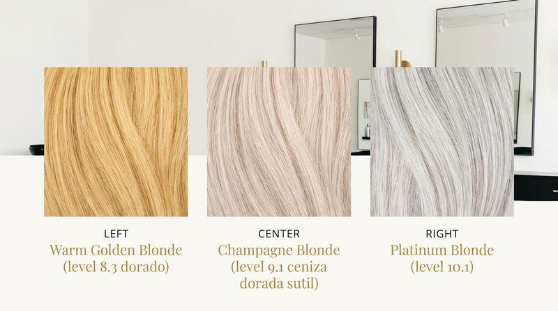 Tabela de equivalências champagne blonde: Wella Illumina 9/60 + 9/36, L'Oréal Majirel 9.03 + 9.1, Schwarzkopf IGORA Royal 9-55 + 9-0, sobre fundo creme com tipografia perolada e dourada