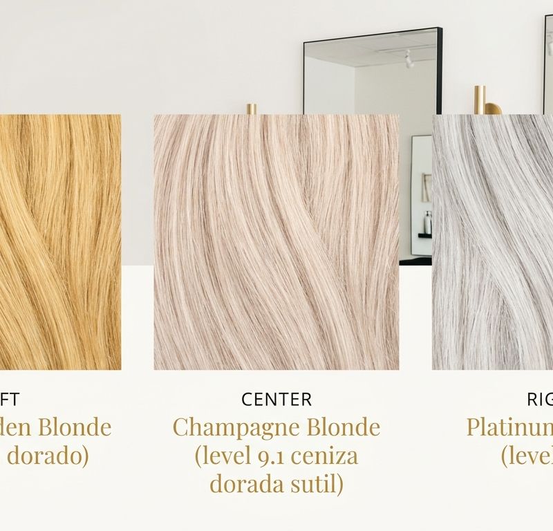 Champagne blonde cross-brand equivalency table: Wella Illumina 9/60 + 9/36, L'Oréal Majirel 9.03 + 9.1, Schwarzkopf IGORA Royal 9-55 + 9-0, on cream background with pearl and gold typography