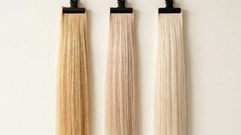 Three swatches compared: warm golden blonde, champagne blonde and platinum blonde, on a cream background